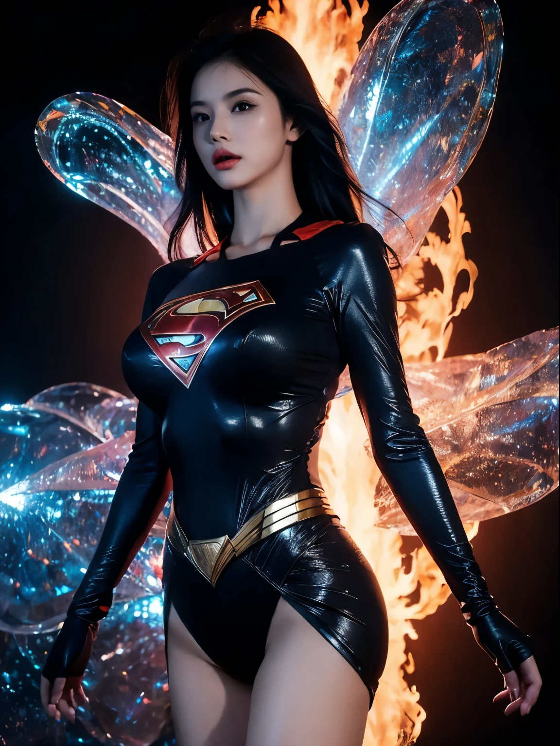 a close up of a asia woman in a superman costume standing on a cityscape, amouranth as a super villain, super photo realistic, realistic cosplay, super photo-realistic, ultra mega super hyper realistic, super-hero girl, super realistic photo, superhero body, highly detailed giantess shot, supergirl, superhero, superhero portrait, super model, super hero, super photorealistic, gigantic breasts, showing Vulvas muscular body, sexy body,