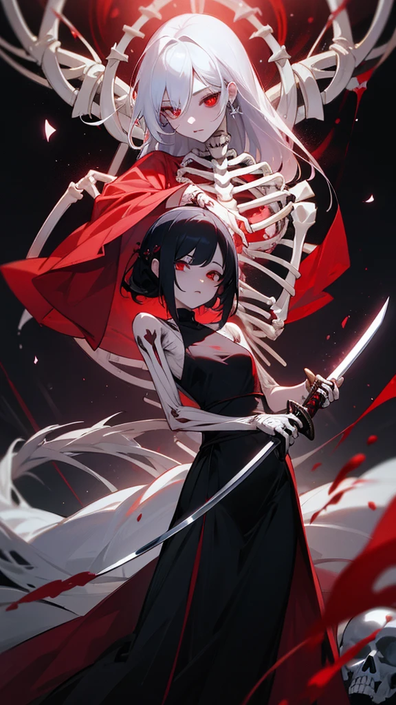 A transcendent soul of a blood goddess holding a katana,bloody dress,red eyes,visible skeleton