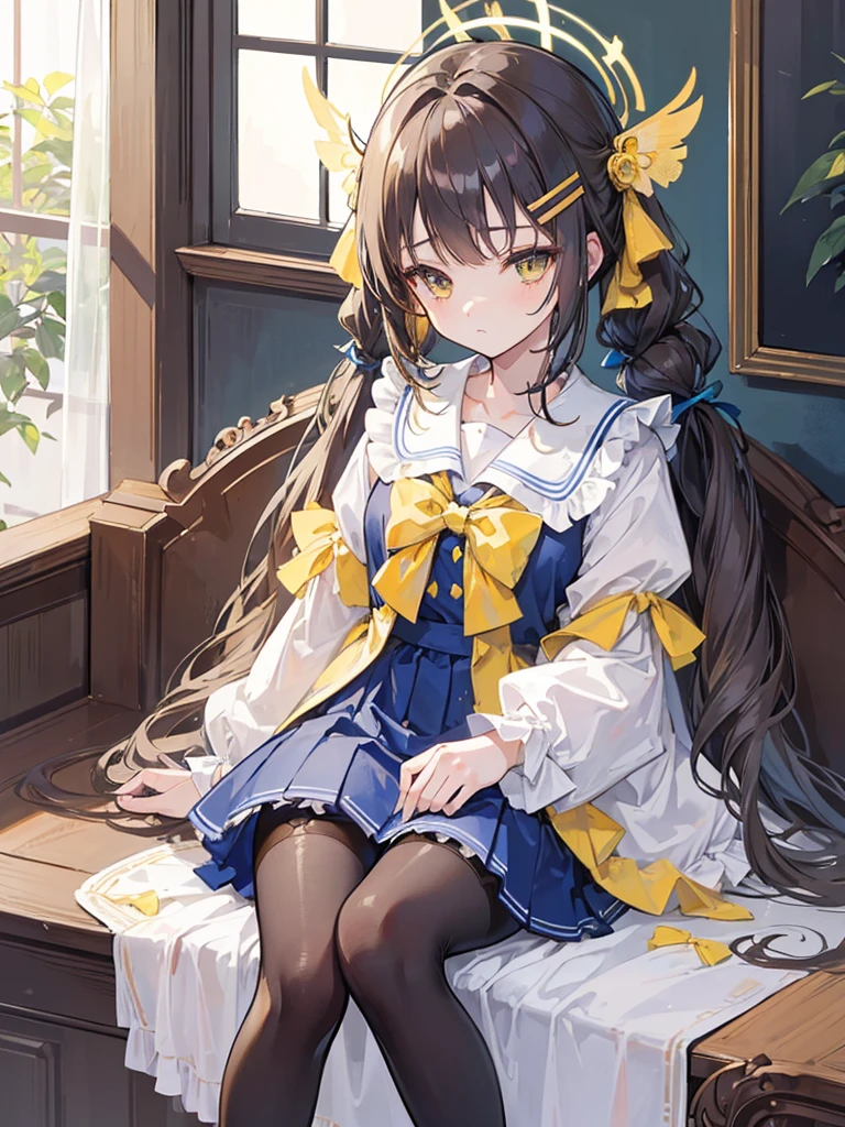 (((masterpiece))), (((best quality))), ((ultra-detailed)), (illustration), (detailed light), ((an extremely delicate and beautiful)), (beautiful detailed eyes), (sunlight), 1 girl, Ajitani Hifumi (Blue Archive), halo, Long hair, light brown hair, low twintails, , sailor collar, tied, yellow ribbon, hair bow, blue skirt, pleated skirt, frilled skirt, frills, Black pantyhose, wing hair ornament, yellow eyes, sitting, cafetaria, morning.