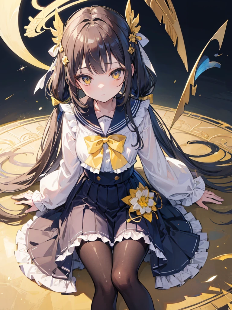 (((masterpiece))), (((best quality))), ((ultra-detailed)), (illustration), (detailed light), ((an extremely delicate and beautiful)), (beautiful detailed eyes), (sunlight), 1 girl, Ajitani Hifumi (Blue Archive), halo, Long hair, light brown hair, low twintails, , sailor collar, tied, yellow ribbon, hair bow, blue skirt, pleated skirt, frilled skirt, frills, Black pantyhose, wing hair ornament, yellow eyes, sitting, cafetaria, morning.