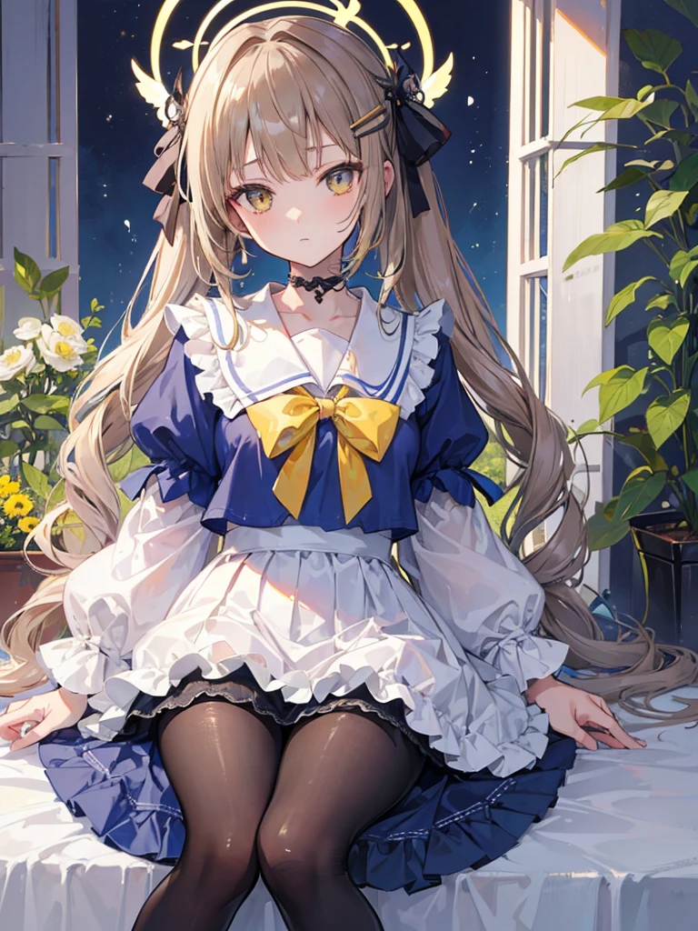 (((masterpiece))), (((best quality))), ((ultra-detailed)), (illustration), (detailed light), ((an extremely delicate and beautiful)), (beautiful detailed eyes), (sunlight), 1 girl, Ajitani Hifumi (Blue Archive), halo, Long hair, light brown hair, low twintails, , sailor collar, tied, yellow ribbon, hair bow, blue skirt, pleated skirt, frilled skirt, frills, Black pantyhose, wing hair ornament, yellow eyes, sitting, cafetaria, morning.