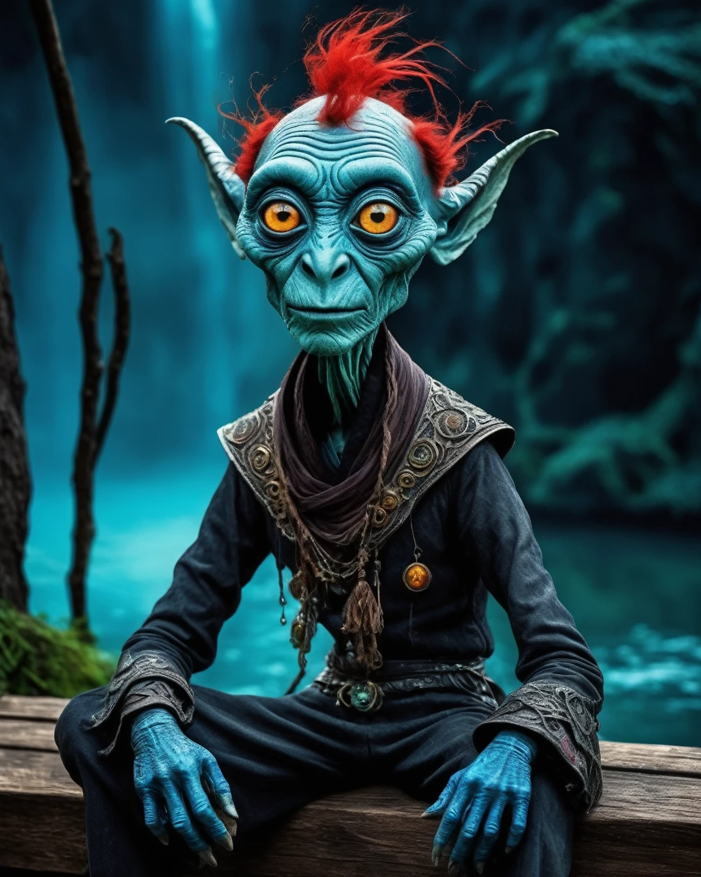 full body shot, ,psychedelic style of A beautiful tander alien female creature with lizard scale with fluffy eyes embedded into a canvas,The iris looks weird, attractive, The stars  in space is reflected in the pupil, goose down eyelashes, long wavy red luminescent hair, folk baggy clothes, sitting on a bench outside the house of dwarves in the setting of the Lord of the Rings,  . Whole outfit, clear, sharp, balanced,insanity clothing,full body length shot,beggar graphite Manganite sparas, wants eat,survival in criminal city of future,Cinematic,soft colors, Technicolor,natural skin textures, hyper realism, hyper detailed,Extremely detailed,High contrast,Masterpiece,Realistic,Ultra Detailed, intricate details,realistic humid leather,extremly intricate,Epic Realistic, cinematic style,irina yermolova,high contrast,hdr,extremely detailed, [deep night landscape],masterpiece,intricate details,faded,eyes extremely detailed, high detailed eyes,16k resolution,RAW,retina, Nikon Z9,China,Songbird,orc,Li River in Guangxi Zhuang of China,tkt style, Pisces, pointed ears，perfect, ginger，transition between two art styles, Ink painting to photorealism, Double contact, X-ray, Creative, vivid light, masterpiece, fantasy, Abstract, Surrealism, super detailed, high resolution, stop:35,(((creature with a spectral and ghostly appearance)). Her skin is pale, almost translucent. His eyes shine with a bluish glow, he wears dark, torn clothes that float around him, as if permeated by an aura of mourning. Its appearance is complemented by details such symbols of morning and gothic elements, further emphasizing its dark air. is portrayed as a haunted and tormented entity,pixar ,movie, animated movie still, still from the pixar movie, still from a pixar movie, disney ,