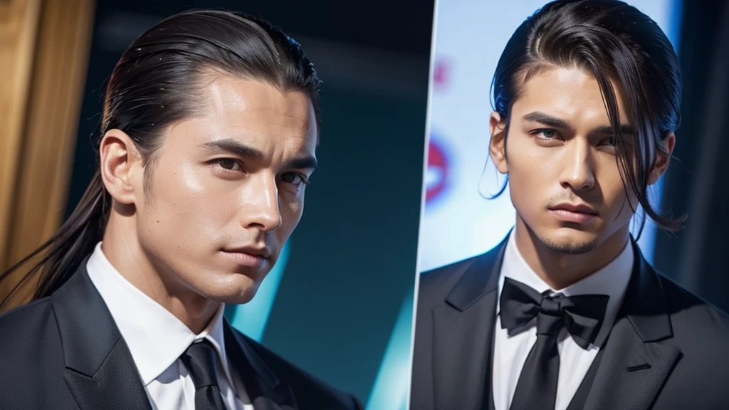 A photo of a man with bangs down and a man with his hair slicked back, suit