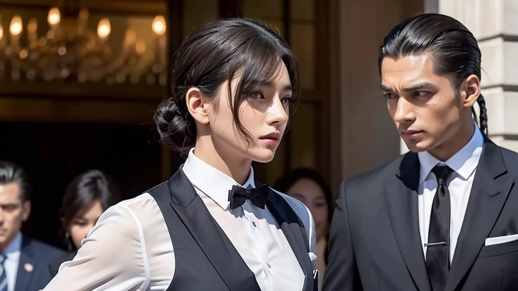 A photo of a man with bangs down and a man with his hair slicked back, suit