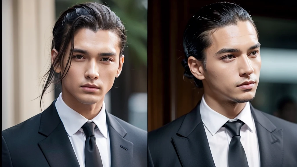 A photo of a man with bangs down and a man with his hair slicked back, suit