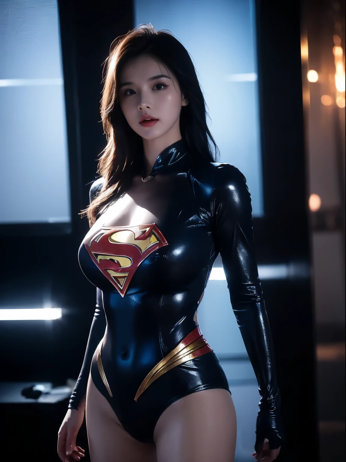 a close up of a asia woman in a superman costume standing on a cityscape, amouranth as a super villain, super photo realistic, realistic cosplay, super photo-realistic, ultra mega super hyper realistic, super-hero girl, super realistic photo, superhero body, highly detailed giantess shot, supergirl, superhero, superhero portrait, super model, super hero, super photorealistic, gigantic breasts, showing Vulvas muscular body, sexy body,