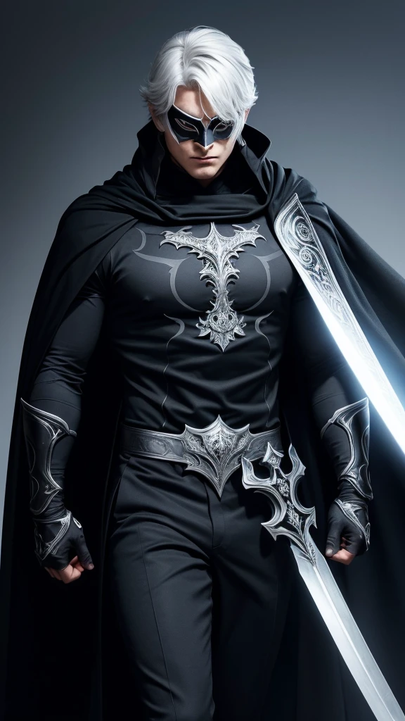 A man wearing an elegant black costume with silver accents. He wears a long, flowing cape that seems to be made of the shadows of the night. His mask covers the upper part of his face, leaving his firm jaw exposed, and he carries a gleaming sword