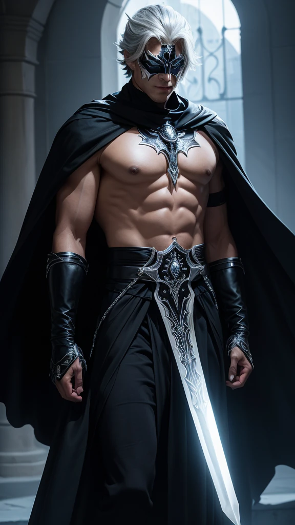 A man wearing an elegant black costume with silver accents. He wears a long, flowing cape that seems to be made of the shadows of the night. His mask covers the upper part of his face, leaving his firm jaw exposed, and he carries a gleaming sword