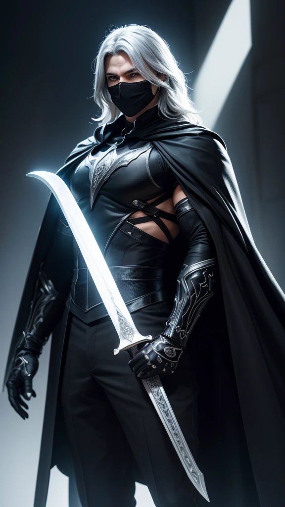 A man wearing an elegant black costume with silver accents. He wears a long, flowing cape that seems to be made of the shadows of the night. His mask covers the upper part of his face, leaving his firm jaw exposed, and he carries a gleaming sword