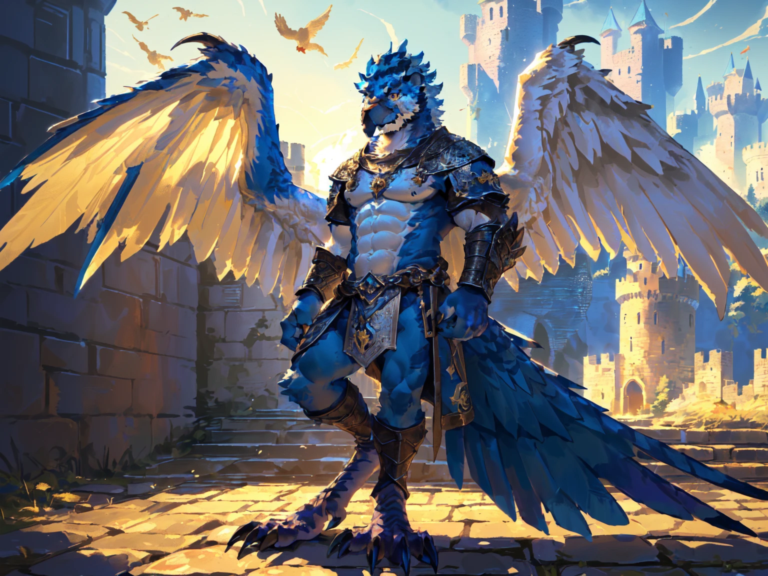 ((middle Ages:1.3,Castle Background:1.6)),(Royal Family:1.2),sunny,high resolution,4K,【whole body:1.1,Strike a pose:1.5】,masterpiece,high quality,((Griffin)),male,Furry,(teenager:1.3),hairy,((Fierce and vicious:1.4)),(((Lean:1.4,Big Wings:1.3,Bird claws子:1.3))),(((Blue head:1.3,White abs:1.4))),(((White Wings:1.3))),(((Golden pupils:1.2))),(((Bird claws:1.3))),(((Long legs:1.3))),((No shirt,No underwear)),Exquisite eyes,Detailed body,Detailed claws,Detailed feet,Kenket's Art