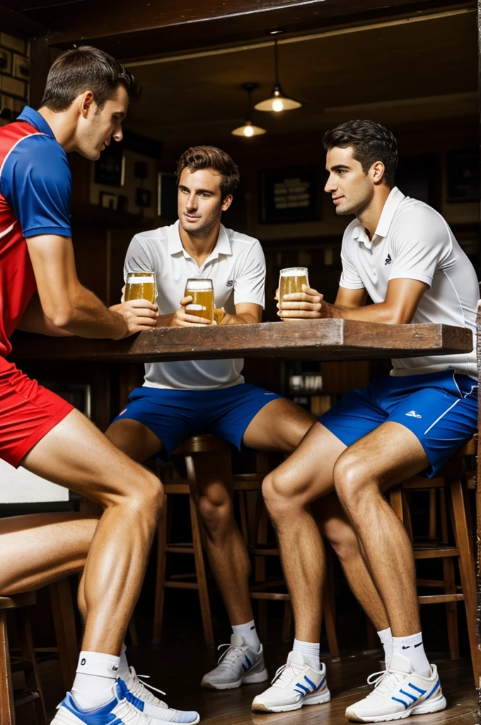 4 male tennis players drinking beer in an old pub with tennis bags