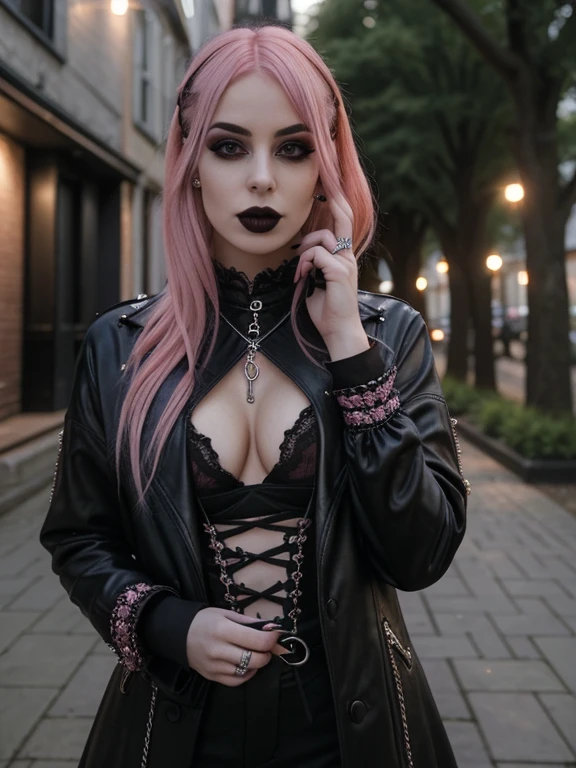 young adult female model with pastel pink hair, 29-years-old, reflecting a sultry gothic satanic e-girl style wardrobe. diverse hairstyle that complement the alt/gothic aesthetic, urban gothic, outdoor scene, fashionable ambiance. Happy, maintaining an aura of mystery and modern witchcraft. UHD, 16k, professional photo
