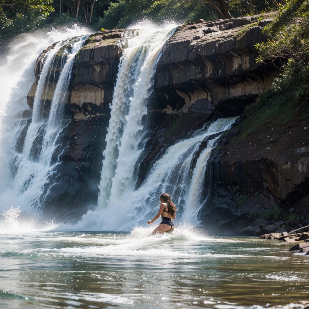 a beautiful age girl rushed to the waterfall, the effects of water splashes and big waves, gambar full hd, realistic 8k