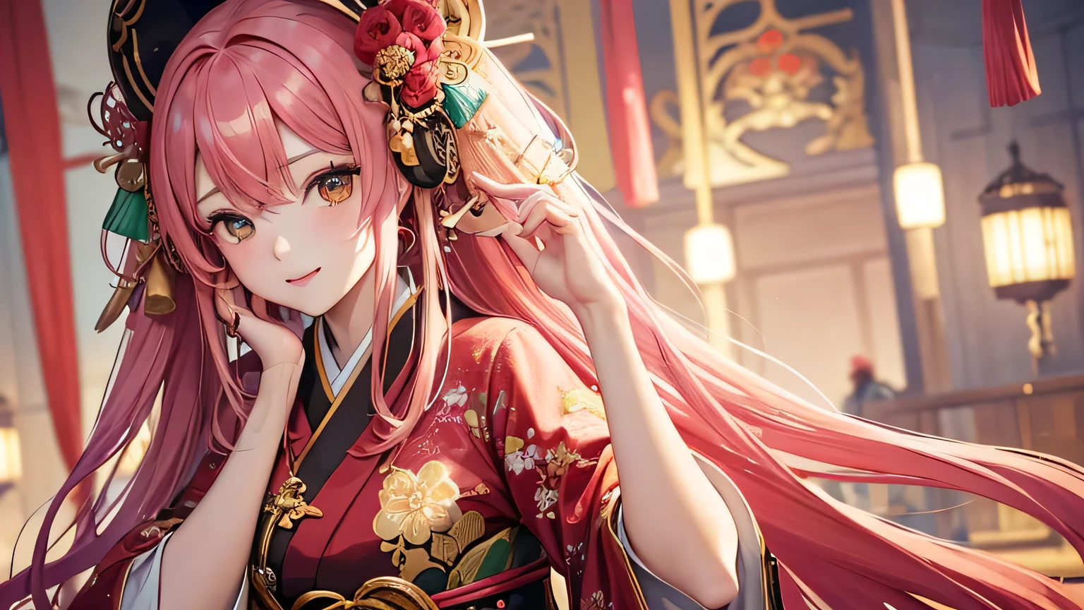 masterpiece, Highest quality, Highest quality, Official Art, beautifully、aesthetic:1.2), (One girl), Very detailed,(Fractal Art:1.3),colorful,Most detailed pink hair、I have headphones on。No exposure。oiran。Fascinating, high-quality Official Art pieces featuring captivating and elegant women。She is dressed in traditional Japanese clothing.、Colorful and complex fractal patterns。For long, flowing pink hair、Decorated with beautiful red and green flowers and gold accessories、It frames the face。Eyes colored gold and red、Staring at the camera with a seductive look。women are、Put on headphones and complete the ENC。1920s.