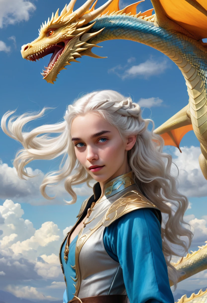 (Masterpiece artwork, 8K, uhd, high resolution: 1.4), charming portrait of Rhaenys Targaryen, (long, loose golden-silver hair: 1.3), (slender and graceful body: 1.2), (affectionate and mischievous expression: 1.2), (dressed in light and colorful clothes: 1.2), (next to his shining scaled dragon: 1.3), (blue sky with soft clouds in the background: 1.2), (Music elements, dance and poetry around you: 1.1), (atmosphere of freedom and adventure: 1.3), realistic and intricate details, (fantasy and story elements: 1.2), (vibrant and captivating perspective: 1.3)