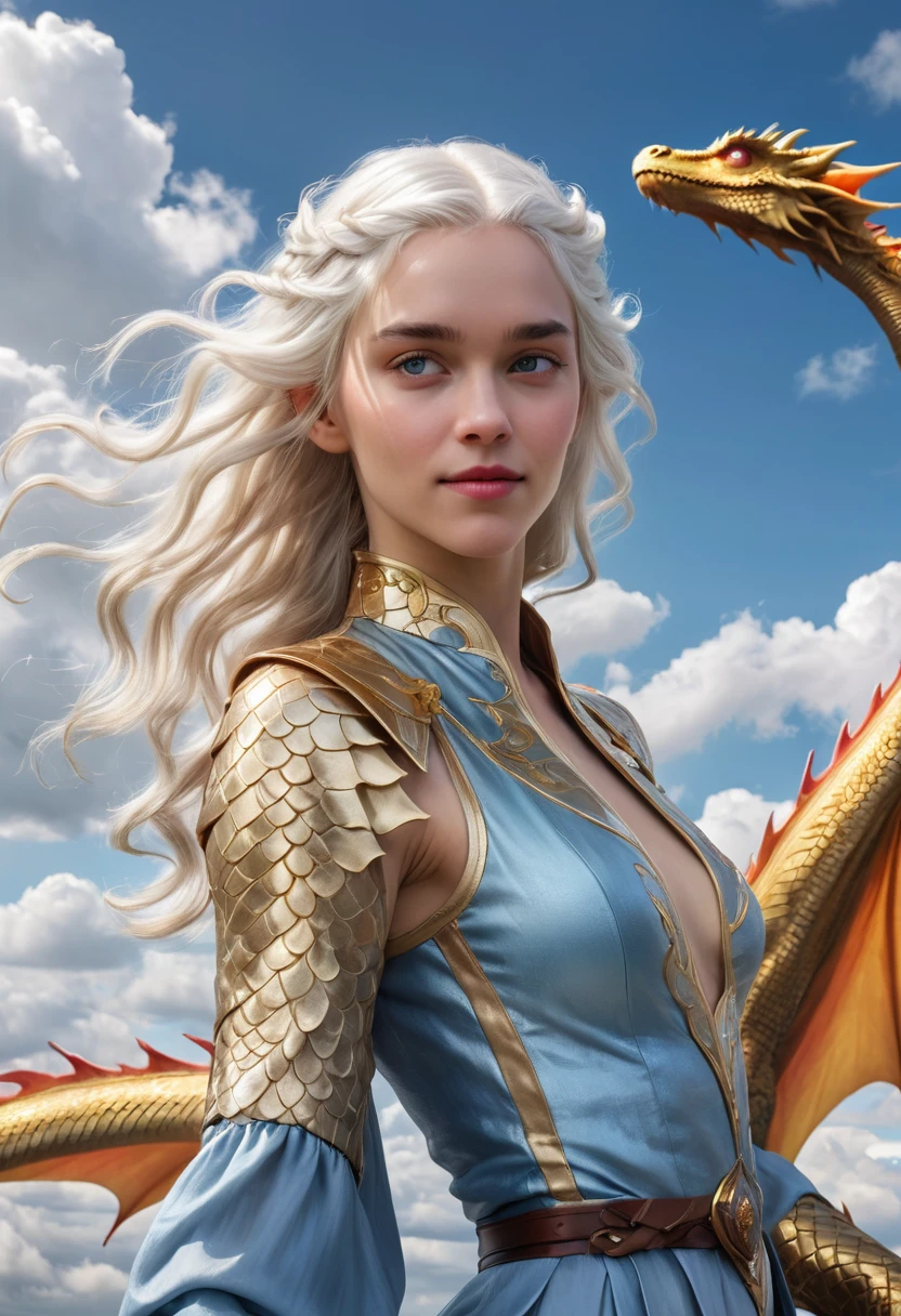 (Masterpiece artwork, 8K, uhd, high resolution: 1.4), charming portrait of Rhaenys Targaryen, (long, loose golden-silver hair: 1.3), (slender and graceful body: 1.2), (affectionate and mischievous expression: 1.2), (dressed in light and colorful clothes: 1.2), (next to his shining scaled dragon: 1.3), (blue sky with soft clouds in the background: 1.2), (Music elements, dance and poetry around you: 1.1), (atmosphere of freedom and adventure: 1.3), realistic and intricate details, (fantasy and story elements: 1.2), (vibrant and captivating perspective: 1.3)
