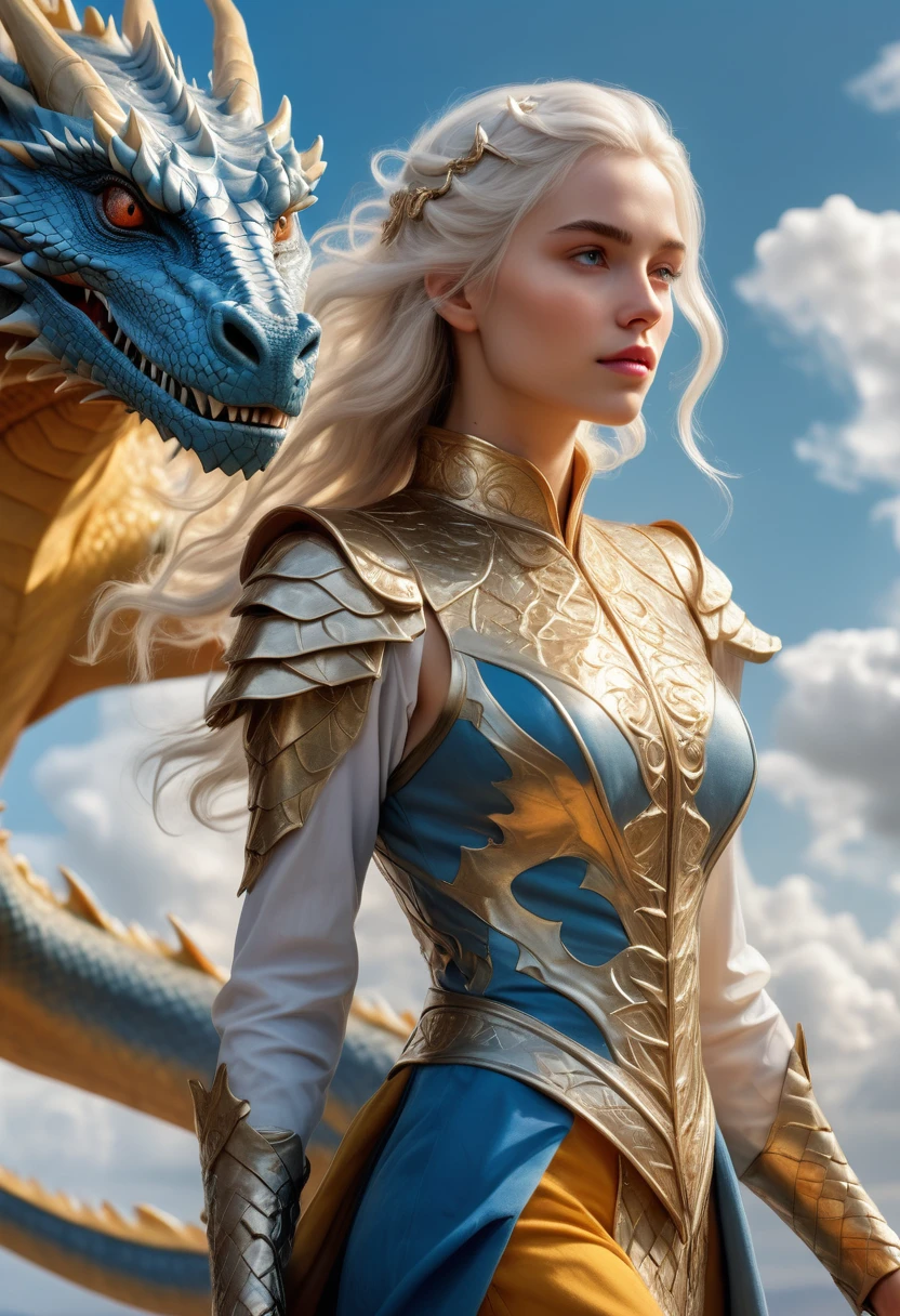 (Masterpiece artwork, 8K, uhd, high resolution: 1.4), charming portrait of Rhaenys Targaryen, (long, loose golden-silver hair: 1.3), (slender and graceful body: 1.2), (affectionate and mischievous expression: 1.2), (dressed in light and colorful clothes: 1.2), (next to his shining scaled dragon: 1.3), (blue sky with soft clouds in the background: 1.2), (Music elements, dance and poetry around you: 1.1), (atmosphere of freedom and adventure: 1.3), realistic and intricate details, (fantasy and story elements: 1.2), (vibrant and captivating perspective: 1.3)
