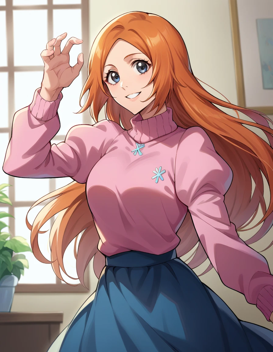 score_9, score_8_up, score_7_up, source_anime, inoueorihime, inoue orihime, long hair, orange hair, grey eyes, smile, sweater, pink sweater, long sleeves, puffy sleeves, skirt, blue skirt, long skirt, indoors, looking at viewer, cowboy shot, dutch angle, dynamic pose,