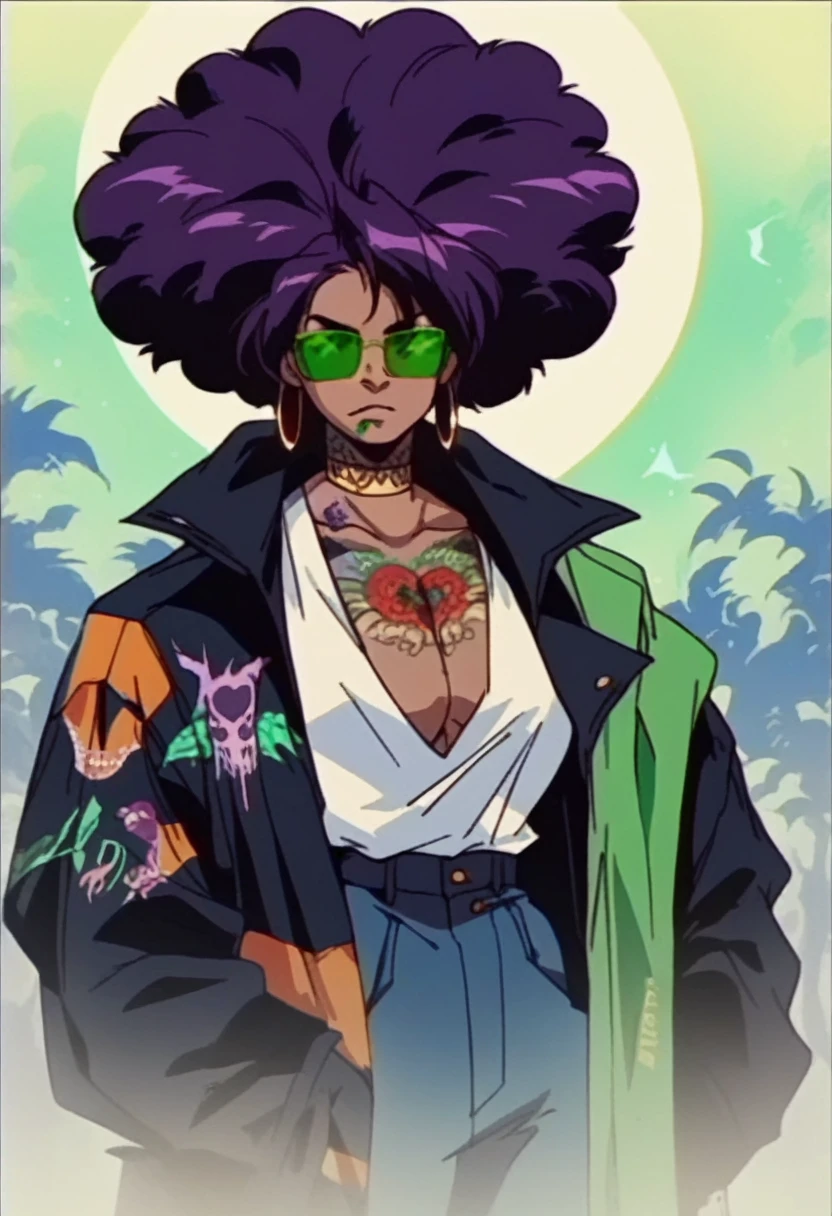 beautyful african woman, huge full afro purple hair, green mouth, black jacket, hoop earring, green aviator glasses, chocker, dragon tattoo, night
