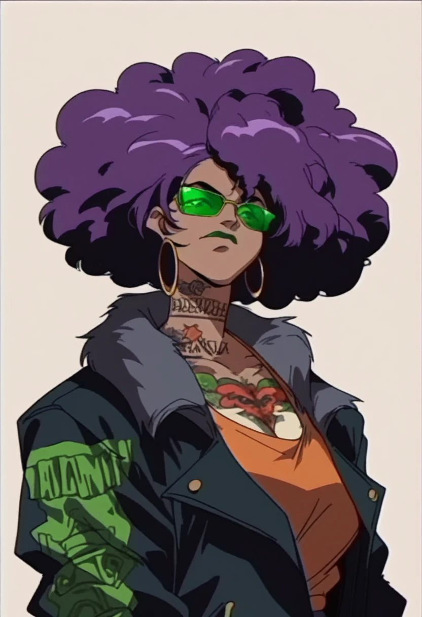 beautyful african woman, huge full afro purple hair, green mouth, black jacket, hoop earring, green aviator glasses, chocker, dragon tattoo, night