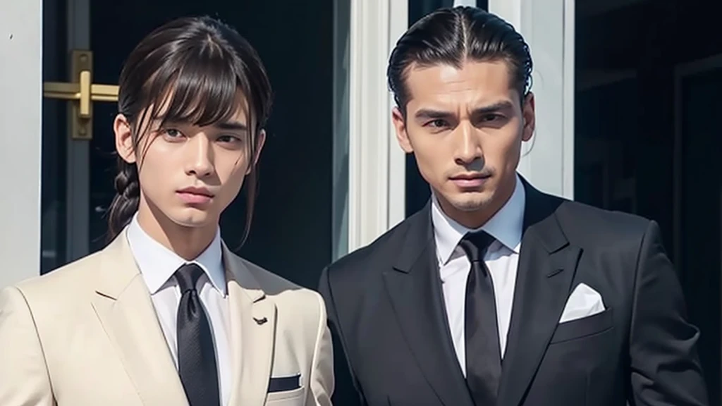 A photo of a man with bangs down and a man with his hair slicked back, suit