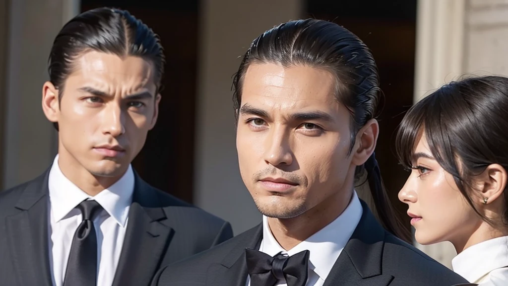 A photo of a man with bangs down and a man with his hair slicked back, suit