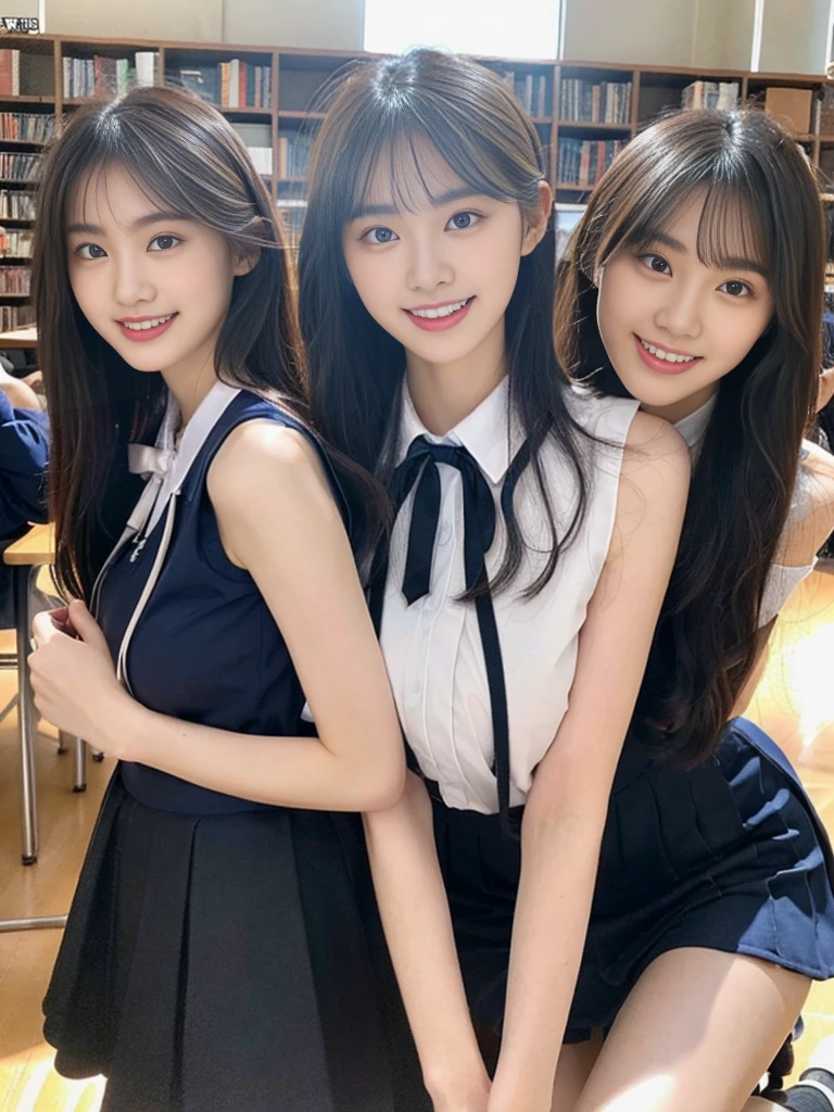 (Super cute Korean high school girls duo take photos 1.2)(grin,Smile)(Beautiful Sweat:1.1)(16K, RAW Photos, Highest quality, masterpiece: 1.2),(Beautiful short bob hair with even bangs, black hair) Super detailed, Super Resolution, (Genuine, Genuine photos: 1.37), Portraiture, High-resolution RAW color photos, Professional photos, Very detailed, 8k wallpaper, Very detailed CG Unity 8k wallpaper, Very detailed beautiful girls, Very detailed faces, ((whole body)), beautiful woman, Huge breasts,(huge boobs:1.1) (Big Boobs:1.1), Beauty college student (A tight, girly, navy sleeveless  with ribbon.),high school girl, Korean Girls,(K-POP Female Idols), (Idol-class beauty)(Beautiful high school girl:1.1)(A library filled with books)(18-year-old)(Stylish school uniform-style outfit:1.1)(Group photo:1.1)(Tattoo,Tattoo:1.0)