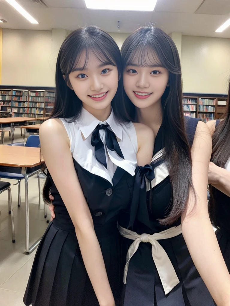 (Super cute Korean high school girls duo take photos 1.2)(grin,Smile)(Beautiful Sweat:1.1)(16K, RAW Photos, Highest quality, masterpiece: 1.2),(Beautiful short bob hair with even bangs, black hair) Super detailed, Super Resolution, (Genuine, Genuine photos: 1.37), Portraiture, High-resolution RAW color photos, Professional photos, Very detailed, 8k wallpaper, Very detailed CG Unity 8k wallpaper, Very detailed beautiful girls, Very detailed faces, ((whole body)), beautiful woman, Huge breasts,(huge boobs:1.1) (Big Boobs:1.1), Beauty college student (A tight, girly, navy sleeveless  with ribbon.),high school girl, Korean Girls,(K-POP Female Idols), (Idol-class beauty)(Beautiful high school girl:1.1)(A library filled with books)(18-year-old)(Stylish school uniform-style outfit:1.1)(Group photo:1.1)(Tattoo,Tattoo:1.0)