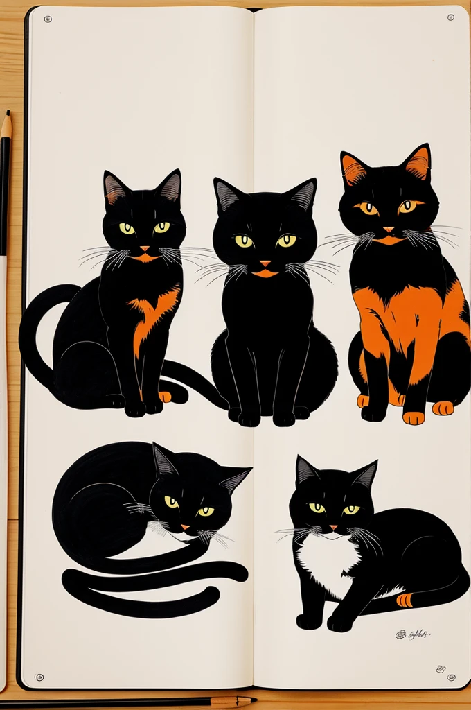 Draw three anime-style cats, one black with white, another orange and the other one of the three colors.