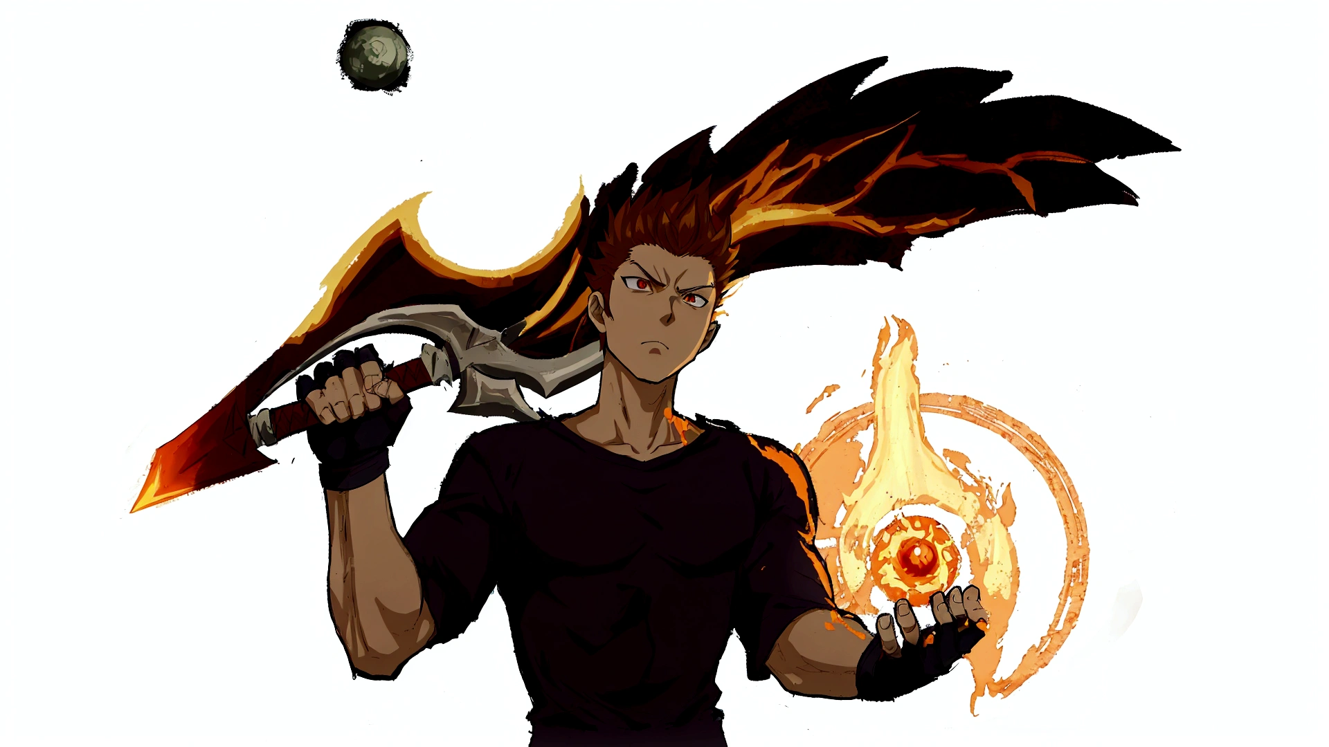 anime character with a sword and flame in his hand, human and dragon fusion, epic anime style, wielding a flaming sword, Like a badass monster hunter, wielding a fireball, holding a flaming sword, wielding kunai, inspirado em Sakai Hōitsu, dramatic sword-wielding pose, fire!! whole body, anime style character, with big sword