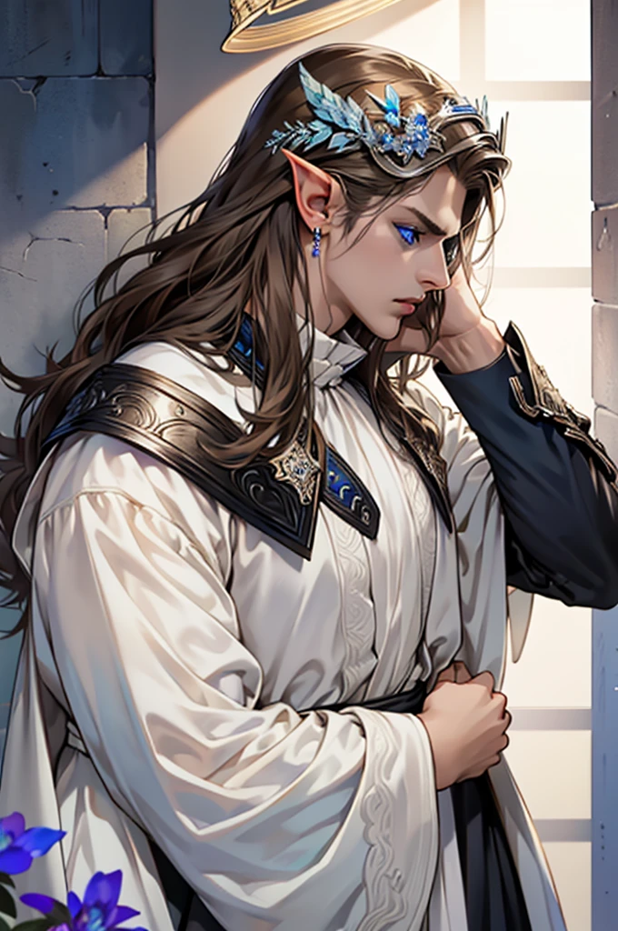 (masterpiece:1.2, best quality), (exquisite eyes: 1.2), ((solo)), (blue eyes:1.4), (exquisite eyes and exquisite face:1.3), ( beautiful and clear background: 1.2), (extremely detailed CG, super detailed, best shadows: 1.1), ((depth of field)), ((watercolor)), Beautiful Concept Art, (dark Background: 0.5), (Illustration: 1.1), (Extremely Delicate: 1.1), (Perfect Details: 1.1), Profile, long hair ,light brown hair,, solo,male, elf ears, ear piercings , black armor, black clothes,Fulllength, angry, big halo, strong body, angel, metal helmet, male body
