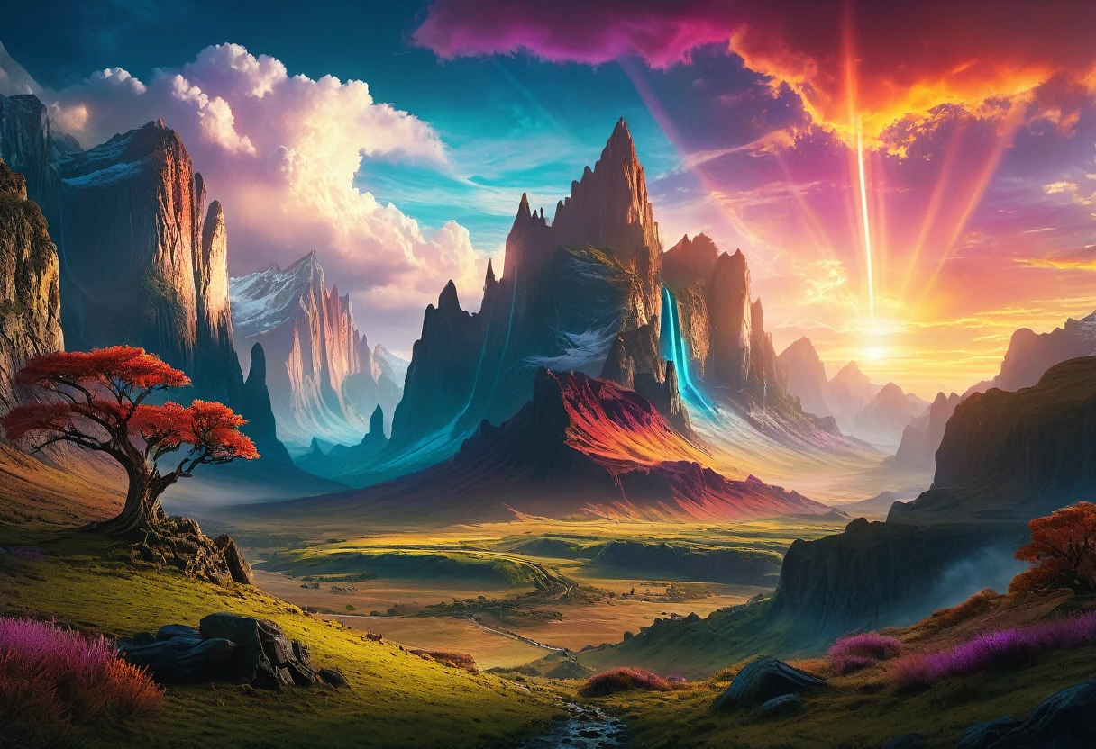 Majestic landscape, photorealistic, fantasy movie style, dramatic lighting, epic scenery, detailed, vibrant colors, otherworldly, high definition, cinematic, ultra-high resolution
