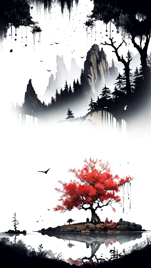 landscape ,background\(black sky,withered flowers all over the ground,a thick red water\), BREAK ,quality\(8k,wallpaper of extremely detailed CG unit, masterpiece,high resolution,top-quality,top-quality real texture skin,hyper realisitic,increase the resolution,RAW photos,best qualtiy,highly detailed,the wallpaper\), masterpiece, 1 picture, paint tree leaves ( red )