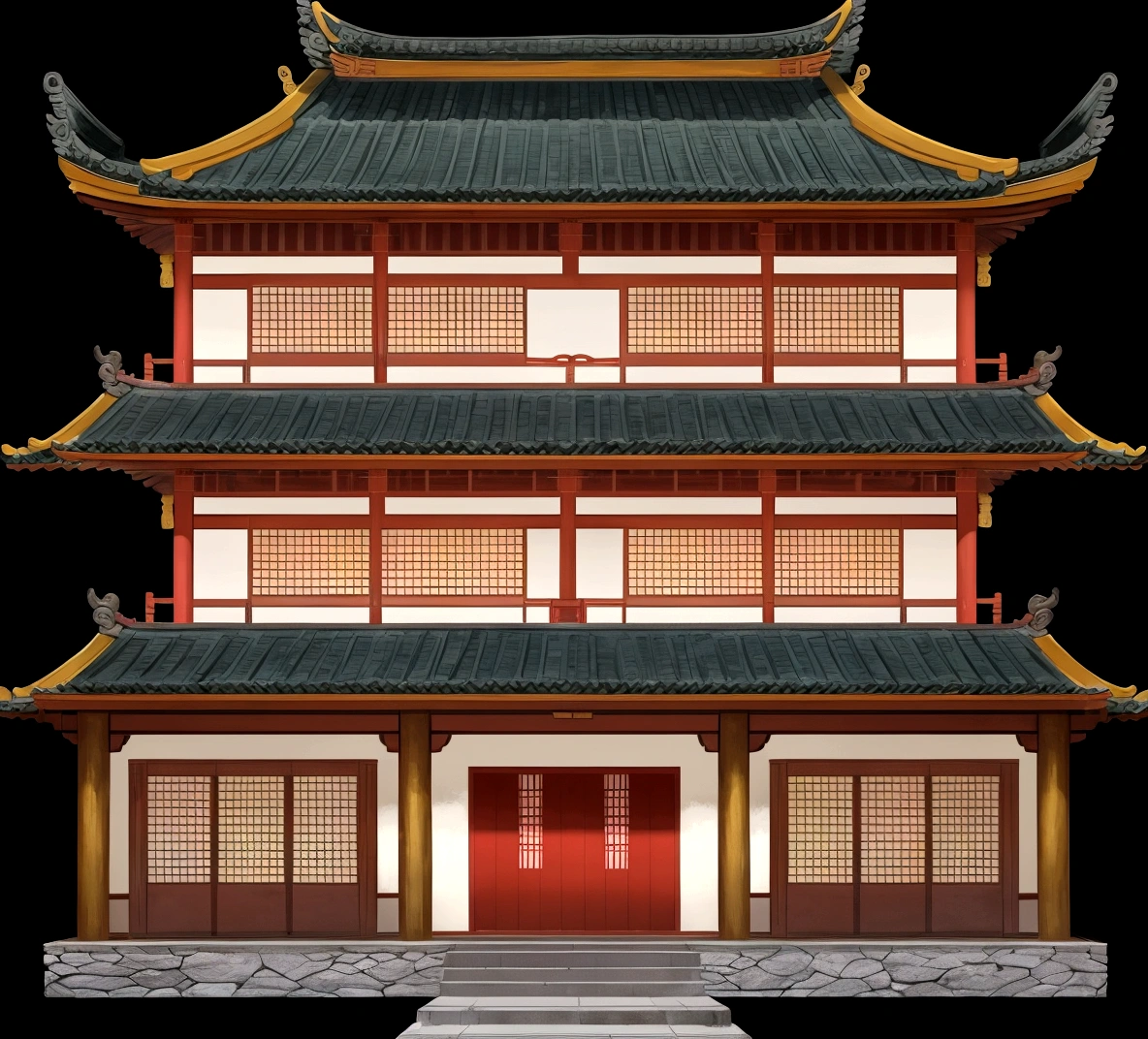 a cartoon illustration of a chinese building with a door and windows, an extremely detailed building, zen temple background, japanese temple, european japanese buildings, japanese house, ancient japanese architecture, digital painting of a pagoda, chinese building, temple background, japanese architecture, japanese temples, background depicting a temple, a temple, inspired by Tōshi Yoshida, temple