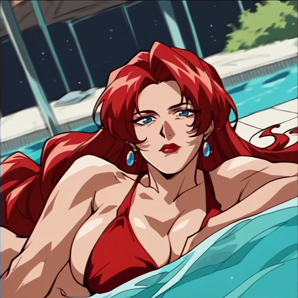 rating_explicit, beautyful mature woman, red bikini, redhair, red hair, long hair, blue eyes, red lipstick, encorped body, , lying on side of a pool