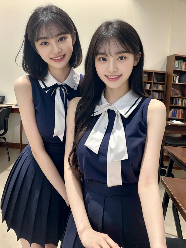 (Super cute Korean high school girls duo take photos 1.2)(grin,Smile)(Beautiful Sweat:1.1)(16K, RAW Photos, Highest quality, masterpiece: 1.2),(Beautiful short bob hair with even bangs, black hair) Super detailed, Super Resolution, (Genuine, Genuine photos: 1.37), Portraiture, High-resolution RAW color photos, Professional photos, Very detailed, 8k wallpaper, Very detailed CG Unity 8k wallpaper, Very detailed beautiful girls, Very detailed faces, ((whole body)), beautiful woman, Huge breasts,(huge boobs:1.1) (Big Boobs:1.1), Beauty college student (A tight, girly, navy sleeveless  with ribbon.),high school girl, Korean Girls,(K-POP Female Idols), (Idol-class beauty)(Beautiful high school girl:1.1)(A library filled with books)(18-year-old)(Stylish school uniform-style outfit:1.1)(Group photo:1.1)(Tattoo,Tattoo:1.0)