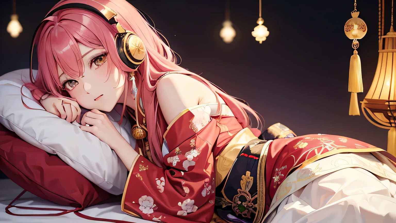 masterpiece, Highest quality, Highest quality, Official Art, beautifully、aesthetic:1.2), (One girl), Very detailed,(Fractal Art:1.3),colorful,Most detailed pink hair、I have headphones on。No exposure。oiran。Fascinating, high-quality Official Art pieces featuring captivating and elegant women。She is dressed in traditional Japanese clothing.、Colorful and complex fractal patterns。For long, flowing pink hair、Decorated with beautiful red and green flowers and gold accessories、It frames the face。Eyes colored gold and red、Staring at the camera with a seductive look。women are、Put on headphones and complete the ENC。1920s.