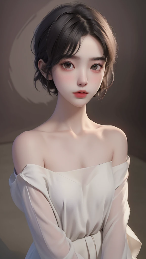 Best quality, masterpiece, ultra high res, (photorealistic:1.5), raw photo, 1girl, offshoulder, in the dark, deep shadow, low key, cold light, sexy look, short hair