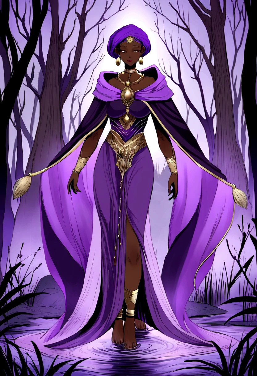 Grandmother, african goddess, senora, elderly. in flowing purple robes. in purple turban. full body standing. Ao fundo, in the middle of a swamp in nature. myth style. Mystic. power and magic. uma velha senora