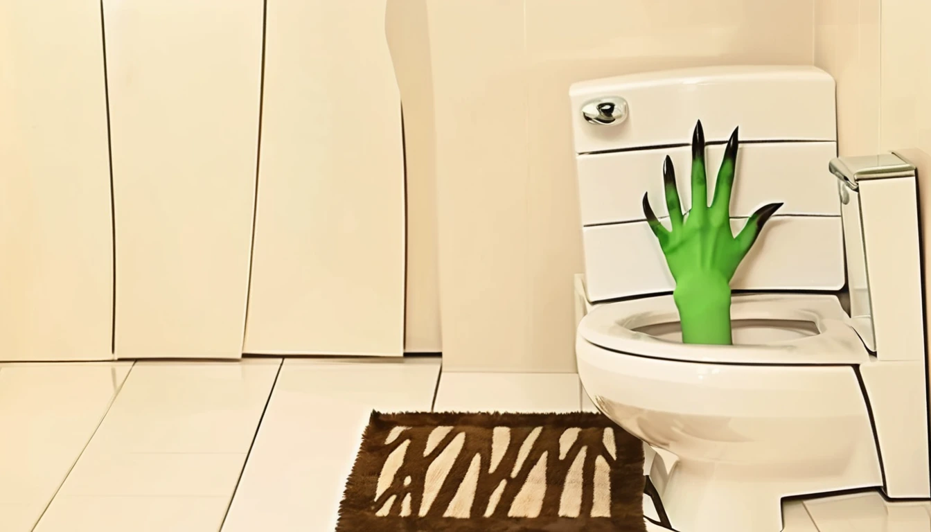 a skinny green hand with long fingers and black nails rising from a toilet in a typical restroom, brown carpet, wardrobes on bg, shallow dof, low key, photorealistic