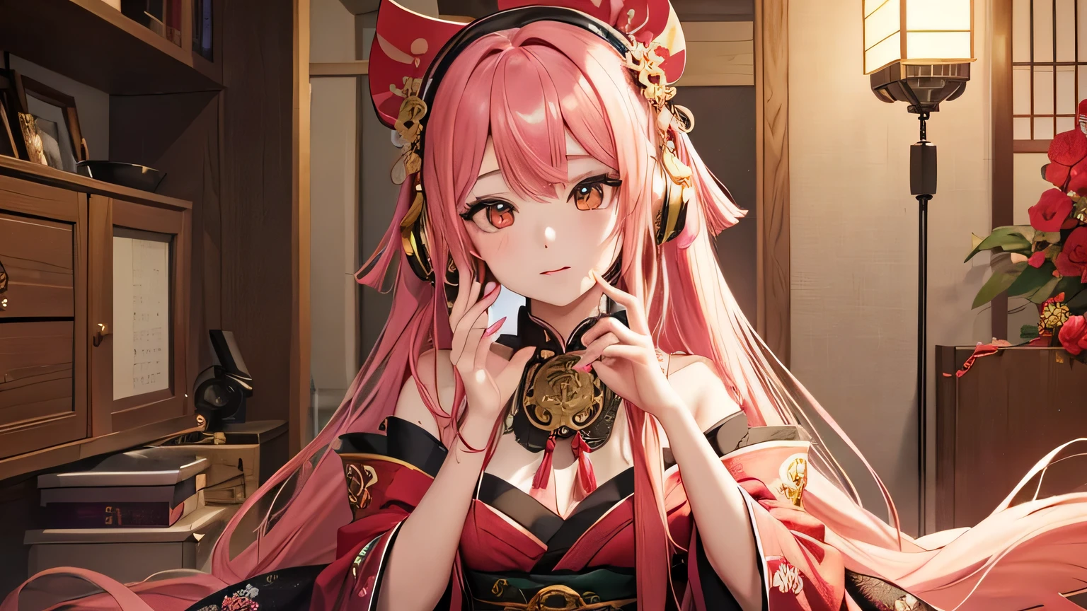 masterpiece, Highest quality, Highest quality, Official Art, beautifully、aesthetic:1.2), (One girl), Very detailed,(Fractal Art:1.3),colorful,Most detailed pink hair、I have headphones on。No exposure。oiran。Fascinating, high-quality Official Art pieces featuring captivating and elegant women。She is dressed in traditional Japanese clothing.、Colorful and complex fractal patterns。For long, flowing pink hair、Decorated with beautiful red and green flowers and gold accessories、It frames the face。Eyes colored gold and red、Staring at the camera with a seductive look。women are、Put on headphones and complete the ENC。1920s.