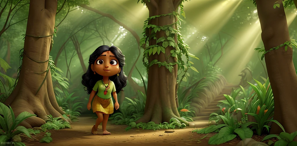 Priya is entering a dense, enchanting forest. The trees are tall and lush, sunlight is filtering through the leaves, creating a magical atmosphere.4k