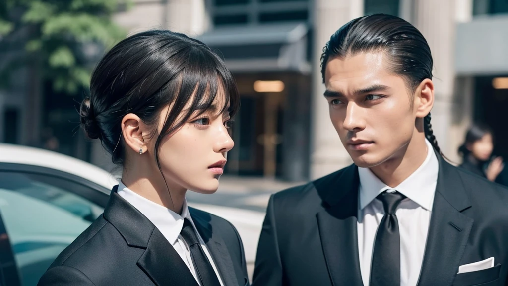 A photo of a man with bangs down and a man with his hair slicked back, suit