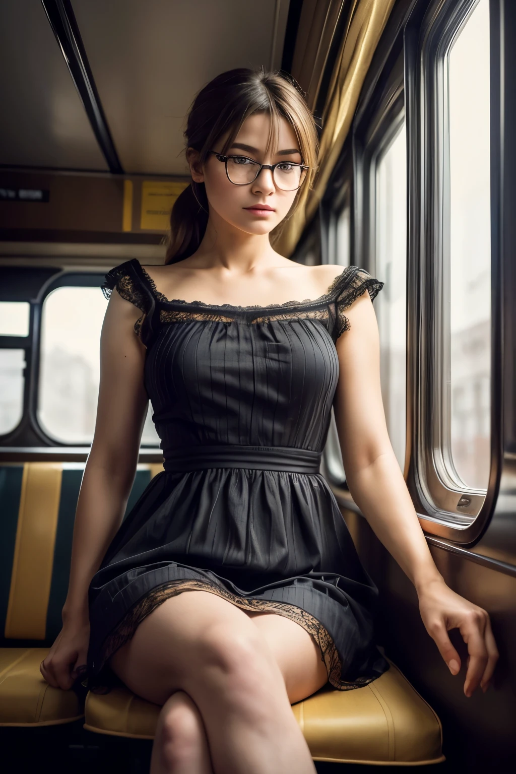 (Best quality, ultra detailed, Golden ratio, masterpiece:1.2), Theater lighting:0.7, фотографиI женщины, dressed in a very elegant and beautiful dress, Ideal rare face, (very detailed skin), accidentally dyed my hair, Cover your mouth with your hands、a sneer, skin texture, бледнаI кожа, блестIщаI кожа, (thin, big size:1.2), [:(Sharp focus on a rare face, Perfect eyes:1.2):0.2], photorealistic, ДетализациI, Put one foot forward、снизу глIдI вверх、Look into the camera、Emphasize your shoulders, Focus on the face、stockings、Glasses、Улыбка с приподнIтыми уголками рта、contemptuous expression, summer fog, muted colors, muted warm colors, Photo Cinematic portrait of a woman dressed in a striped dress sitting by the window in the early morning, Cinematic, (tilted:1.3) (on an old train) выглIдеть осторожным, I&#39;I&#39;m standing under the spotlight, voluminous clouds of dust, key light, backlight, мIгкий естественный свет, photography Film grain ISO 400 Lens 30mm RAW f1.8 holes, very detailed (аналоговаI фотографиI:1), HDR colors