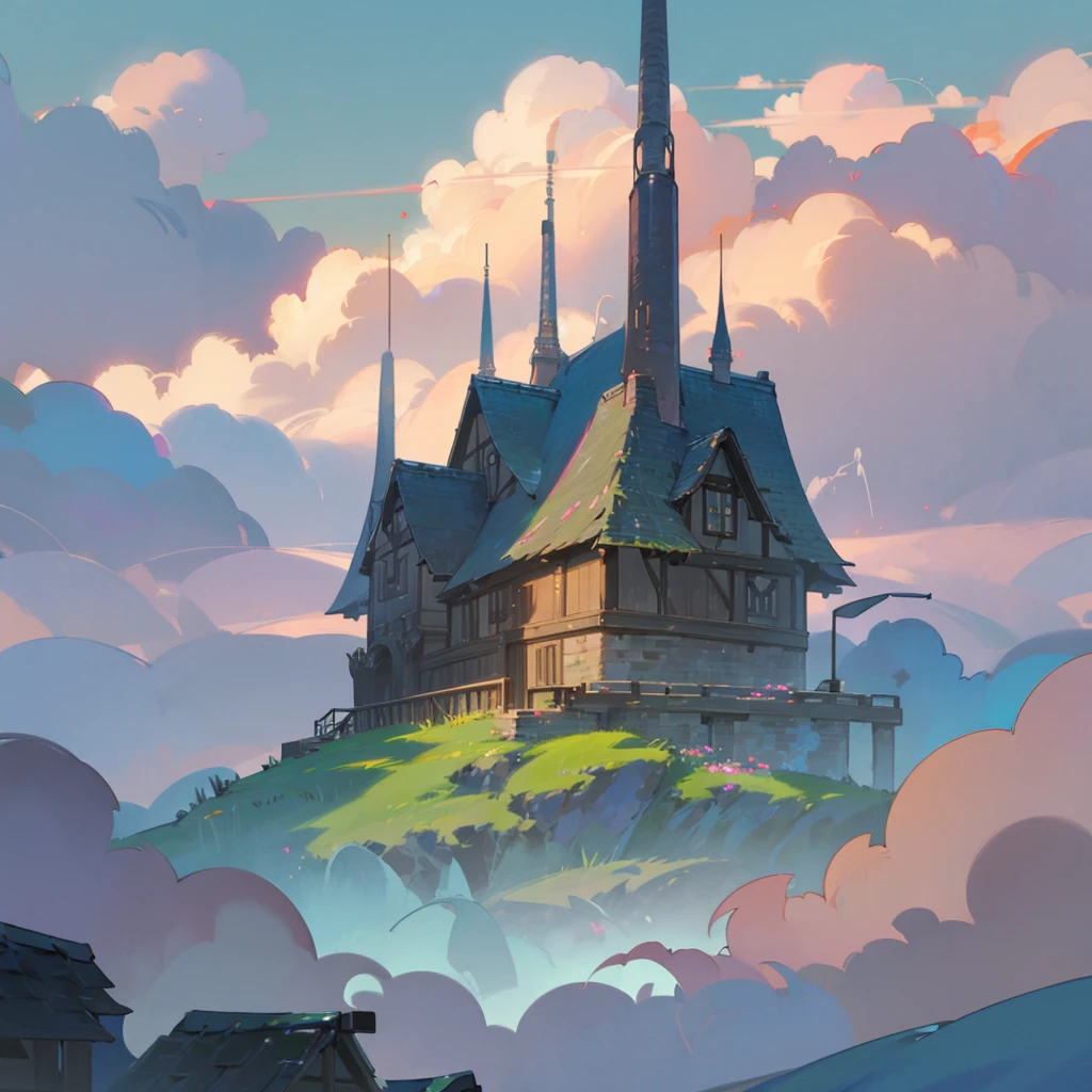 ((best quality)), ((masterpiece)), (detailed), Bright colors，Octopath Traveler style，Fantasy World，Beautiful view，forest，Sunlight，Tyndall phenomenon，grassland，flower，Small animals，beam，high-definition，Final Fantasy，Lots of details，Ultra-detailed，Dreamy light and shadow，Colorful dreamy clouds，f Mage Tower，RAW，Ultra-detailed portrayal，The right building structure