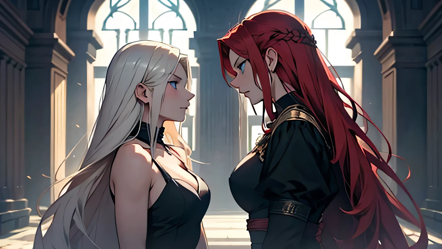 Two women in profile facing each other, angry, one of them wearing a long black dress and with long platinum blonde hair, blue eyes and a very pretty face, the other wearing a long green dress and with long red hair, with light eyes and a young face. The background setting is an ancient castle built with gray stones in a bluish tone and with a very average appearance.