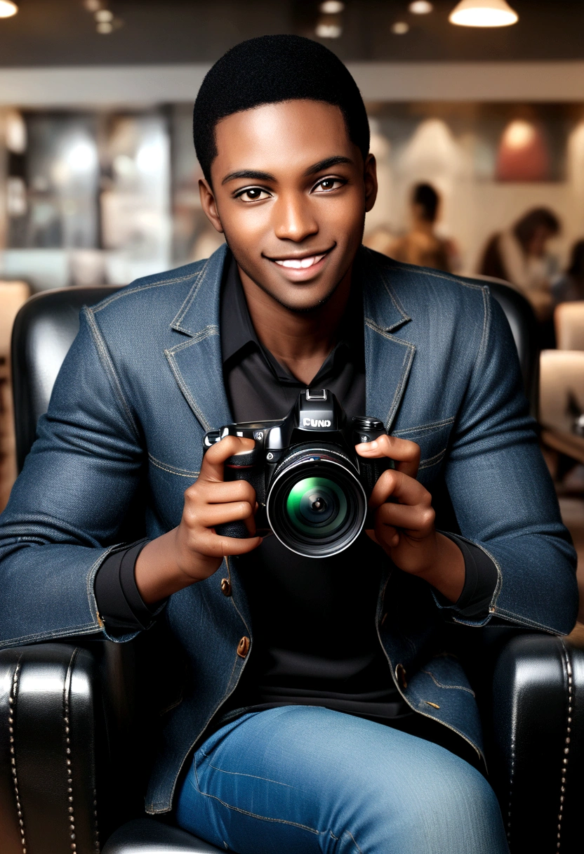 smiling young black African man, wearing modern clothes sitting in an armchair, very realistic studio photo background, shot with a professional camera with moderate depth of field, hands are perfect. photorealistic.