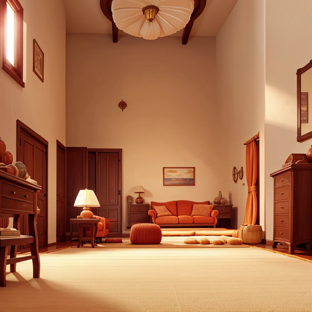 close-up of a large comfortable hall with fluffy carpets and warm colors, no characters just the scene