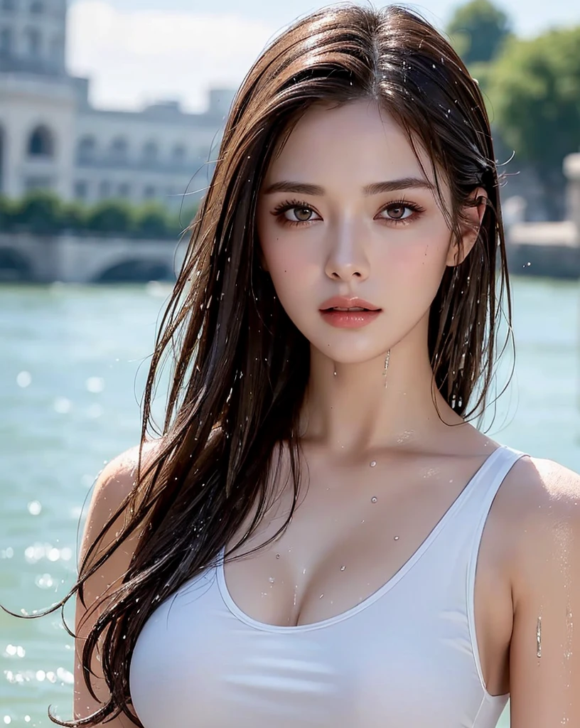 (Best quality, 4k, Masterpiece :1.3), pretty woman, 1girl, y :1.1, dark brown hair: 1.1, (river, wet body :1.2), sexhite tank tops, ultra-detailed face, detailed lips, detailed eyes, double eyelid