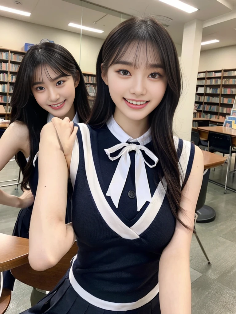 (Super cute Korean high school girls duo take photos 1.2)(grin,Smile)(Beautiful Sweat:1.1)(16K, RAW Photos, Highest quality, masterpiece: 1.2),(Beautiful short bob hair with even bangs, black hair) Super detailed, Super Resolution, (Genuine, Genuine photos: 1.37), Portraiture, High-resolution RAW color photos, Professional photos, Very detailed, 8k wallpaper, Very detailed CG Unity 8k wallpaper, Very detailed beautiful girls, Very detailed faces, ((whole body)), beautiful woman, Huge breasts,(huge boobs:1.1) (Big Boobs:1.1), Beauty college student (A tight, girly, navy sleeveless  with ribbon.),high school girl, Korean Girls,(K-POP Female Idols), (Idol-class beauty)(Beautiful high school girl:1.1)(A library filled with books)(18-year-old)(Stylish school uniform-style outfit:1.1)(Group photo:1.1)(Tattoo,Tattoo:1.0)